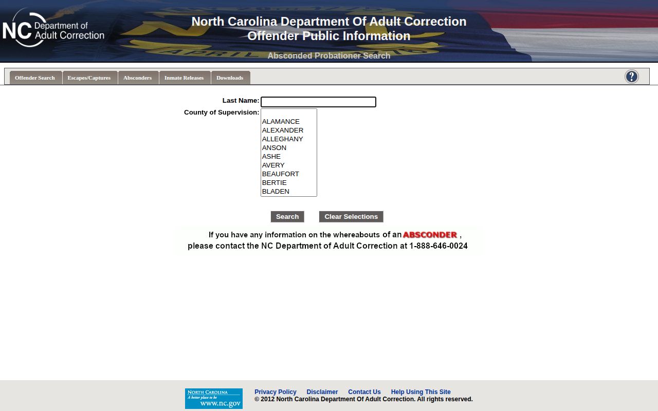 NCDAC absconder fields for Onslow County supervision verification