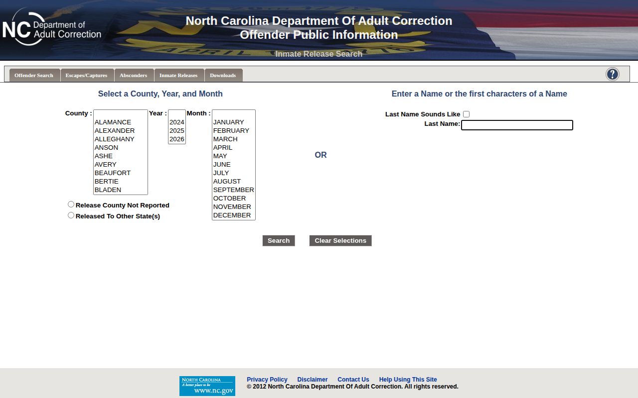 North Carolina release search for Onslow County released state inmates