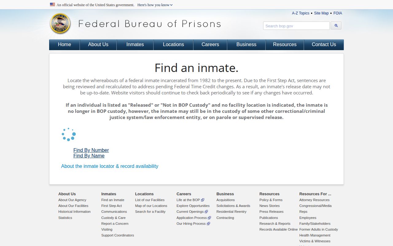 Federal BOP release locator search fields for an Onslow County custody chain