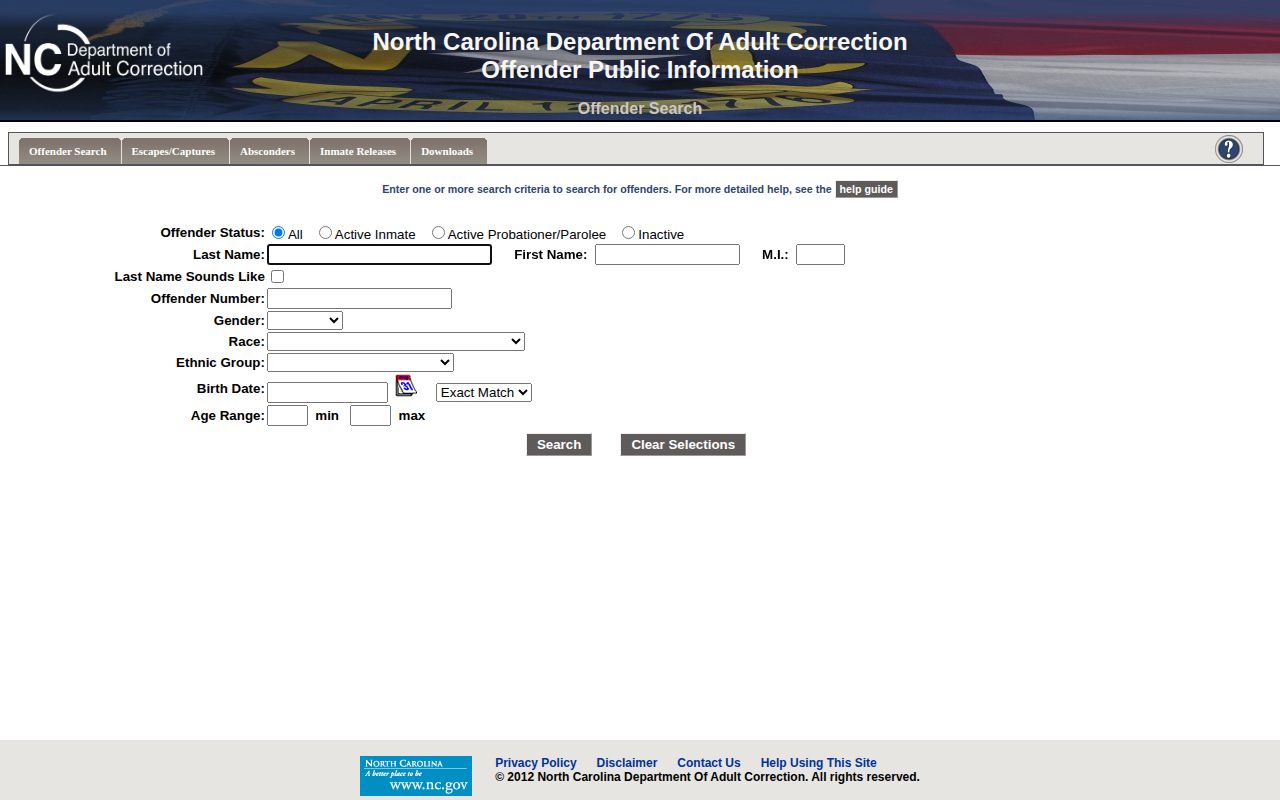 NCDAC offender search fields for Onslow County state prisoner release records