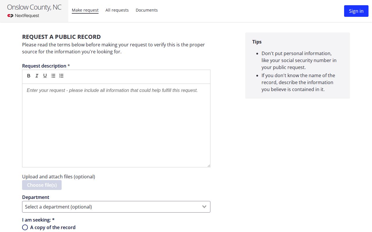 Onslow County released inmate record request submission screen